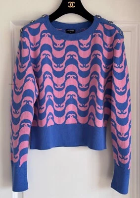 NWT 21P CHANEL BLUE PINK CC LOGO CASHMERE PULLOVER SWEATER 42 - Image 1 of 4
