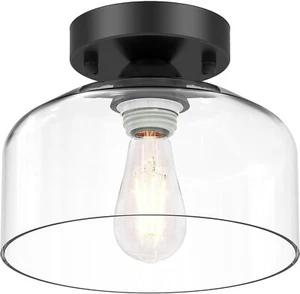 Semi Flush Mount Ceiling Light - Clear Glass Pendant Lamp Shade, Matte Black - Picture 1 of 9