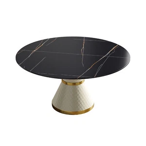59" Round Dining Table Black Artificial Stone Top W/ White Carbon Steel Base NEW - Picture 1 of 9
