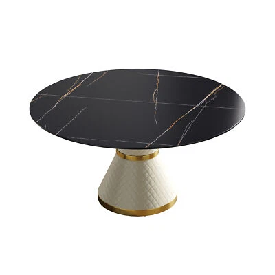 Mesa de comedor redonda 59" tapa de piedra artificial negra con base de acero al carbono blanco NUEVO Foto 1 de 4