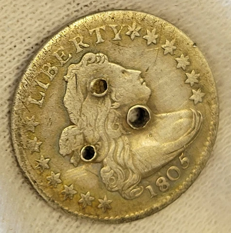 1805 Draped Bust Dime (metal detecting find) HOLED,CLEANED RARE! 4 BERRIES Cover