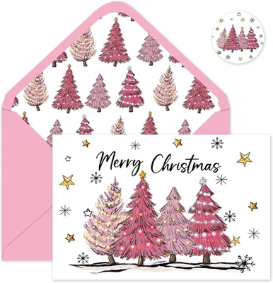 24 Packs Merry Christmas Greeting Cards Pink Xmas Tree Snowflake Star Blank Note - Image 1 of 4