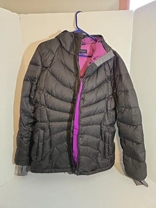 Lands End Women Black And Purple 80% Down Attached Hood Puffer Jacket XL - Picture 1 of 10