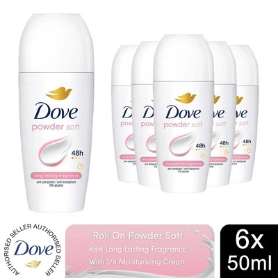 Dove Powder Soft Roll On Anti-Transpirant mit 48H langanhaltendem Duft 50ml, 6er Pack