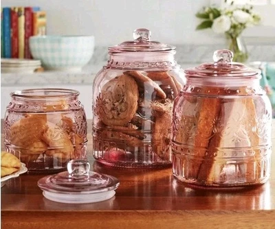 NEW Pioneer Woman CASSIE Set of 3 Embossed Rose Glass Storage Canister Set (CR) - Image 1 of 4