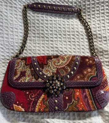Isabella Fiore Studded Rhinestones Paisley Velvet Snakeskin Clutch Shoulder Bag - Image 1 of 4