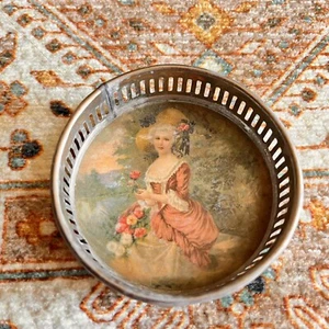 Vintage 3” Handpainted Glass Coaster Tray Metal Rim Rococo Style Made in Germany - Picture 1 of 8