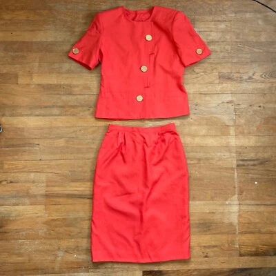 Vintage Short Sleeve Suit Set Womens Size Medium 1990s Orange Jacket & Skirt - Image 1 of 4