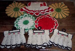 9 vintage kitch crocheted kitchen pot holders dress