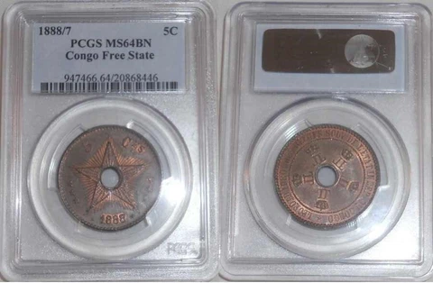 1888/7 Copper Coin Hole in Middle Five Centimes Congo Free State PCGS MS 64 BN Cover