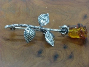925 Sterling Silver Brooch With Amber Decorations / Real Silver/5,5g - Picture 1 of 3