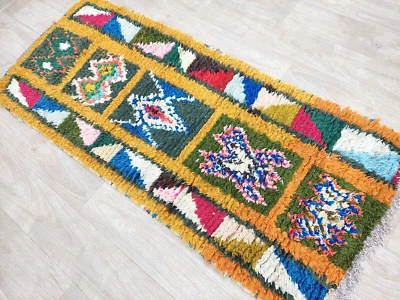 Moroccan Vintage Green Multicolor Runner Rug 2x5 Handmade Cotton Geometric Rugs - Image 1 of 4