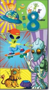 8 Today Happy 8th Birthday Card with Outer Space, Aliens, UFO & Comic Art - Picture 1 of 2