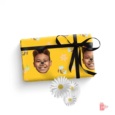 Photo Personalized Wrapping Paper w/ Face Cut Brown Teddy Bear Filter Gift Wrap - Image 1 of 4