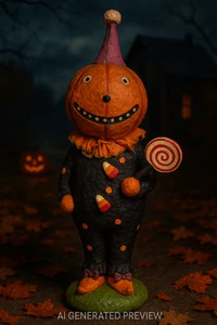 🎃 Vintage Stil Halloween Kürbiskopf Süßigkeiten Clown Figur 16" Retro Volkskunst - Bild 1 von 6