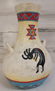 VTG Kokopelli Design Native American Pottery Large Clay Pot Vase W Handles - Picture 1 of 13
