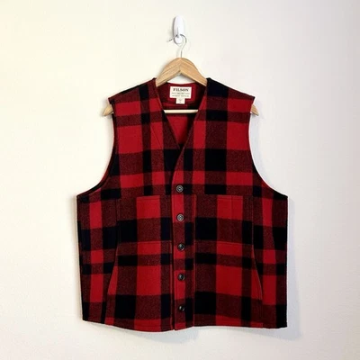 Filson Mackinaw Virgin Wool Vest Hunting Hiking Red Black Plaid, Men’s XL - Image 1 of 4