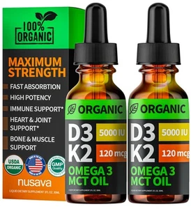 Organic Vitamin D3 K2 Drops with MCT Oil, Omega 3, 5000 IU, 2 Fl Oz - Picture 1 of 9