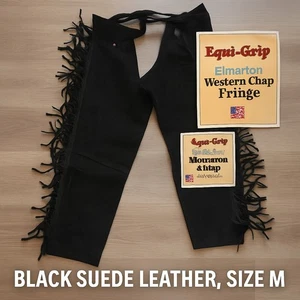 Equi-Grip Black Suede Leather Fringe Western Chaps – Size M, Vintage USA Made - Picture 1 of 9