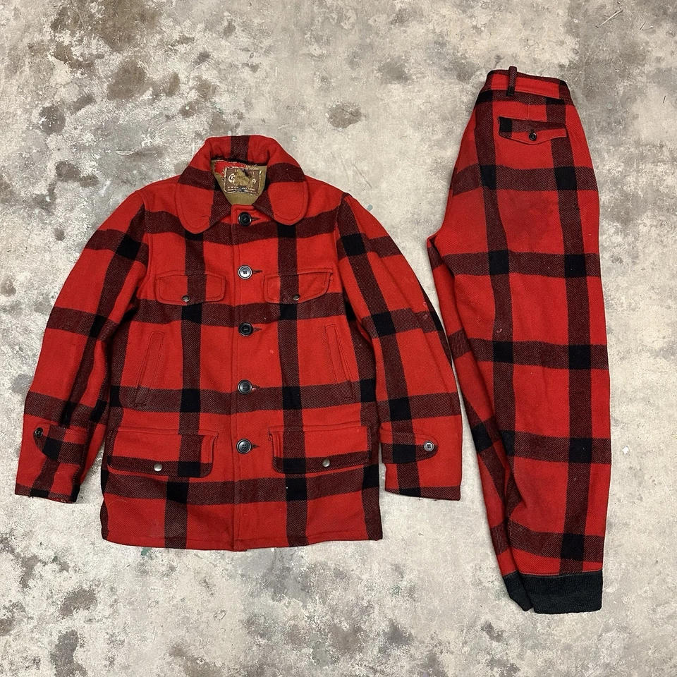 Vintage Carter's Wool Hunting Suit Red Buffalo Plaid Jacket Pants Set 1940-50's - Image 1 of 4