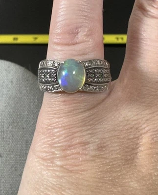 Anillo de ópalo de fuego etíope topacio blanco peridoto verde banda esterlina 925 talla 5,75 Foto 1 de 4