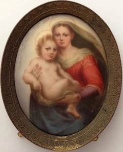 ANTIKE HUTSCHENREUTHER RAPHAEL SIXTINISCHE MADONNA OVAL PORZELLAN MIT METALLRAHMEN - Bild 1 von 4
