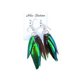 Exótico pendiente verde iridiscente alas escarabajo joya tailandesa moda mujer hecho a mano - Imagen 1 de 5