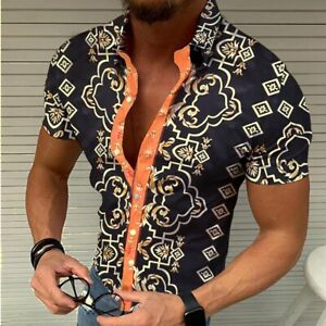 Camisa Con Botones Hombre Hawaiano Negro Manga Corta Casual Barroco Antiguo Moda