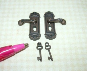 Miniature Heavy Pair of Fancy, Detailed DARK Door Handles w/KEYS: DOLLHOUSE 1:12 - Picture 1 of 3