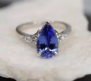 Simulated Pear Cut 2CT Sapphire Women's Halo Ring 14K White Gold Plated - Picture 1 of 7