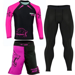ROAR Pink Ladies Rash Guard Set MMA Shorts Female BJJ Spats No Gi Fight Wear - Picture 1 of 12
