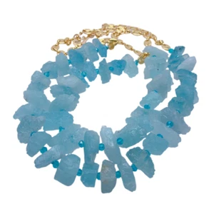 2 Rows Natural Blue Aquamarine Rough Raw Bead Gold Plated Chain Necklaces - Picture 1 of 5