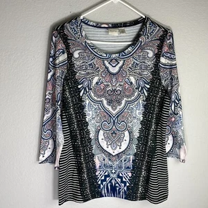 Chicos Zynergy 1 Long Sleeve Top Black White Stripes Paisley Sequins Size M - Picture 1 of 11