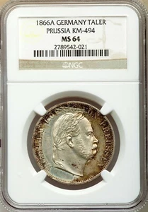 GERMANY, BERLIN 1866 Germany Taler Prussia- Arms Reverse, Wilhelm - NGC MS 64 - Picture 1 of 2