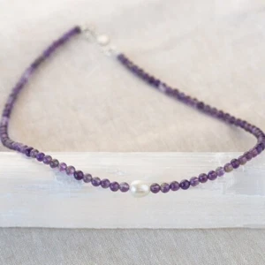 Pearl & Amethyst 2 Multi Smooth Round Gemstone 4-5MM Beaded Women Necklace 18" - Picture 1 of 12