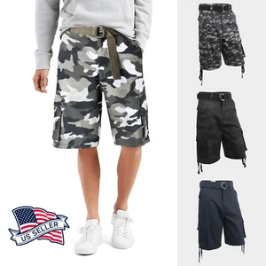 Mens Twill Cargo Shorts Belt Multi 6 Pocket Summer Pants Casual Hip Hop Classic - Picture 1 of 24