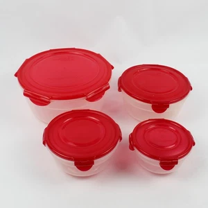 Set of 4 Lock & Lock 480 ml to 3.4 L Plastic Food Storage Bowls Red Lid - Picture 1 of 5