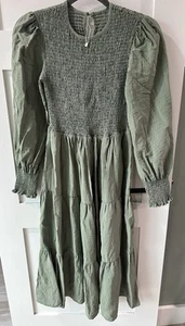 NWOT Girls Long Olive Green Maxi Dress Long Sleeve Smocked Top Tiered Ruffle XL - Picture 1 of 9