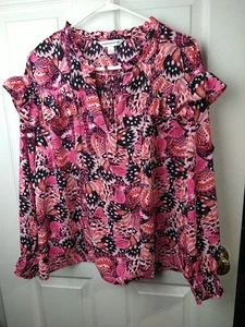 Counterparts Woman L Blouse V Neck Pink Butterfly Ruffles Tie Bishop Long Sleeve - Picture 1 of 8