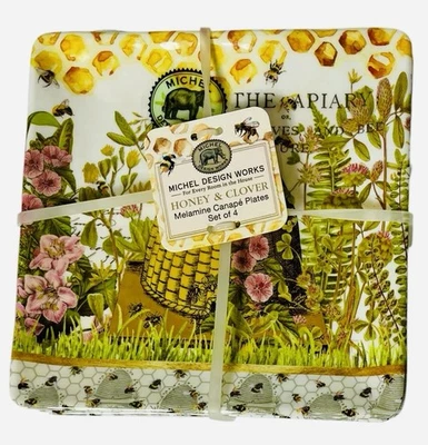 Michel Design Works Set Of 4 Honey & Clover Canapé Plates Appetizers Bees -New - Image 1 of 4