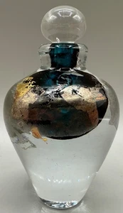 NACHLASS PARFÜMFLAKON KUNSTGLAS KLAR GOLDFLECKEN PFAUENBLAU SIGNIERT DATIERT - Bild 1 von 11