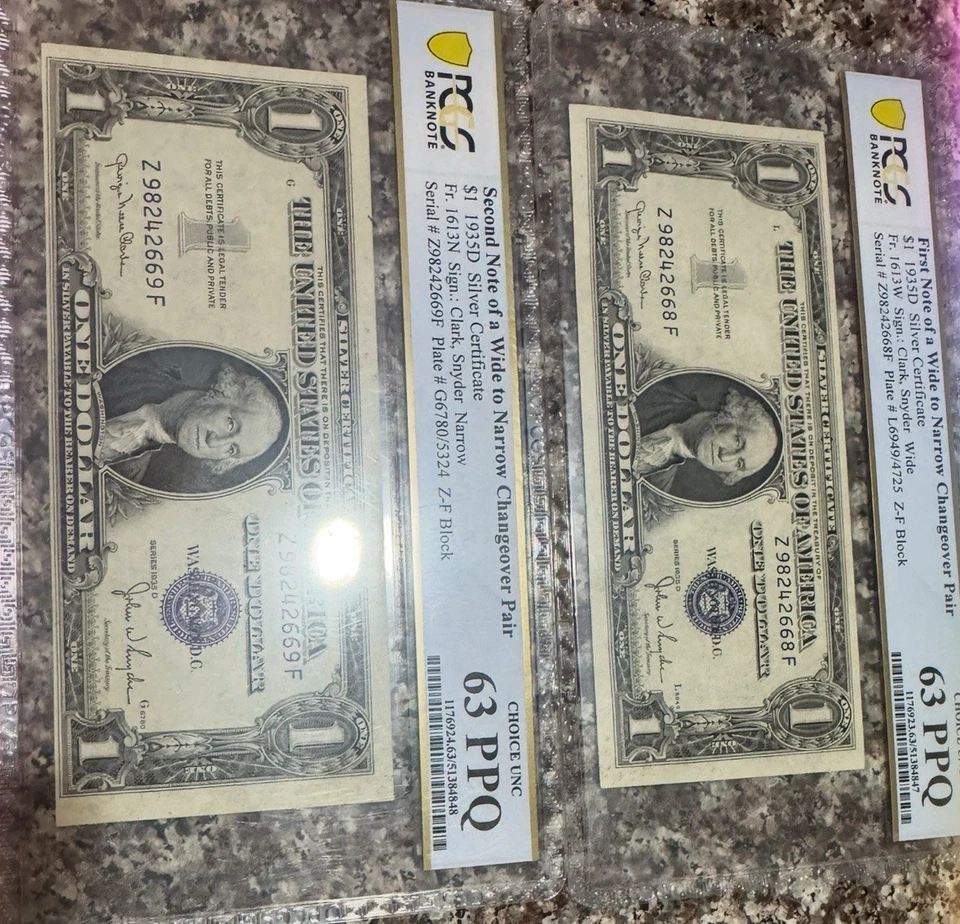 Note Wide Narrow Changeover Pair$1  1935 D 63 PPQ Silver Certificate - Image 1 of 1