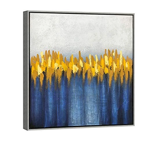 Wieco Art Silver Framed Large Abstract Grey Yellow and Blue Oil Paintings on