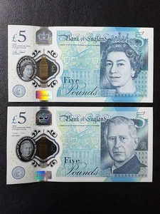 UNC Bank Of England £5 Five Pounds 2016/2024 Queen Elizabeth & King Charles Set - Picture 1 of 3