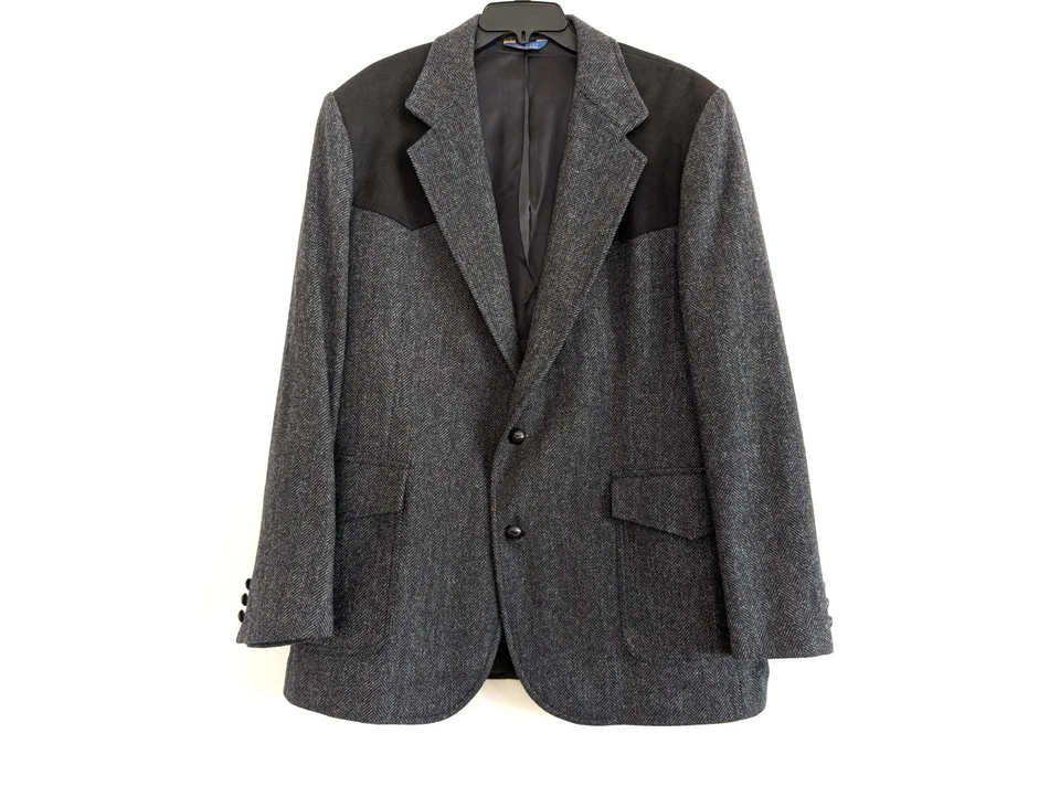 Blazer masculino PENDLETON 46L cinza preto lã espinha de peixe cotovelo remendo jaqueta ocidental - Imagem 1 de 4