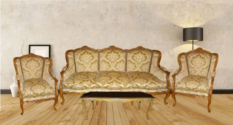 Antique French Louis XV Walnut Gold Velvet Tapestry Sofa plus 4 Arm Chairs Cover