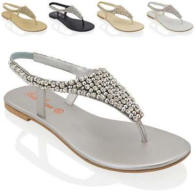 Womens Flat Slingback Sandals Ladies Diamante Pearl Holiday Summer Shoes Size - Image 1 of 4