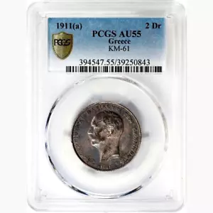 1911 Greece 2 Drachmai, PCGS AU 55 - Picture 1 of 2