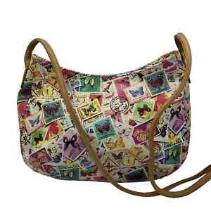 Fossil Butterfly Stamp Purse Crossbody Bag Handbag Retro Tan Multicolor Leather