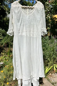 Antique Edwardian 1910s Cotton Tea/Lawn Tiered Dress Embroidered Mesh, Med-Large - Picture 1 of 23
